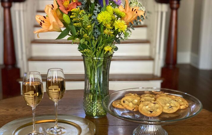 cookies and champagne to welcome guests to sweet biscuit inn